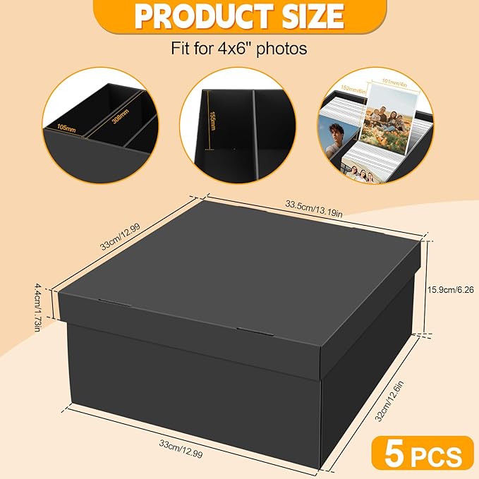 REAQUE 5 Pack Photo Storage Boxes for 4" x 6" Pictures, 3-Compartment Portable Photo Organizer Boxes with Lids, Craft Supply Container for Stickers, Scrapbooking, Stamps, Seeds, Memory Keepsakes