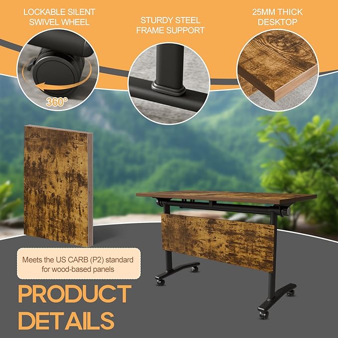 Folding Conference Table 4ft 5ft, Foldable Office Meeting Desk for 6 People, Multiple Sizes Colors Mobile Conference Room Table for Training Room School Business Furniture (4, Brown, 63in)