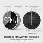 Rechargeable Magnetic Kitchen Timer,LED Countdown/Up Timer, Supports USB-C Charging,with Loud Alarm,3 Preset Quick Times(5/15/25m),Perfect for Kitchen Cooking, Studying, and Fitness (Silver)