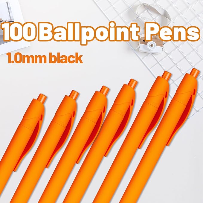 BallPoint Pens, 100 Pack (BLACK Ink),Bulk Pens, Orange Barrel,Click Pens for Office Home and School, Retractable Ballpoint Pens, Medium Point, 1.00MM (Orange)