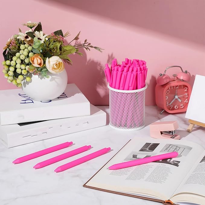 Teling 100 Pcs Ballpoint Pens Retractable Comfortable Cute Stylish Writing Pens in Medium Point 1.0 mm for Office Supplies(Rose Red)