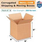 IDL Small Cube Moving & Shipping Boxes - 8 x 8 x 8 inches (5-Pack) - Extra Strength 200 lb Corrugated Packing Boxes