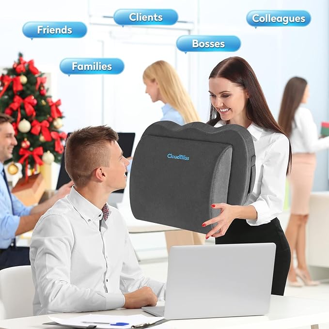 CloudBliss Seat Cushion,Office Chair Cushion,Car Seat Cushion,Lumbar Support Pillow for Office Chair,Back Support Memory Foam Pillow Coccyx Cushion for Tailbone Pain&Sciatica Pain Relief,Grey,X-Large