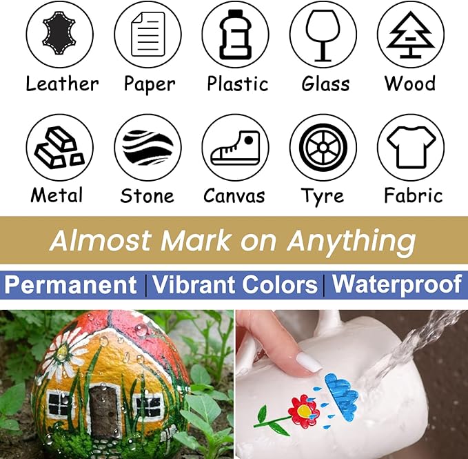 Overseas Yellow Paint Pens Paint Markers - Permanent Acrylic Markers 12 Pack, Water-Based, Quick Dry, Waterproof Marker Pen for Rock, Wood, Plastic, Metal, Canvas, Glass, Mugs. Medium Tip