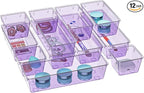 WOWBOX 12 Pack Clear Drawer Organizer Set, Acrylic Drawer Storage Trays, Storage Bins for Makeup, Cosmetics, Jewelries, Utensils, Gadgets, Office, Purple
