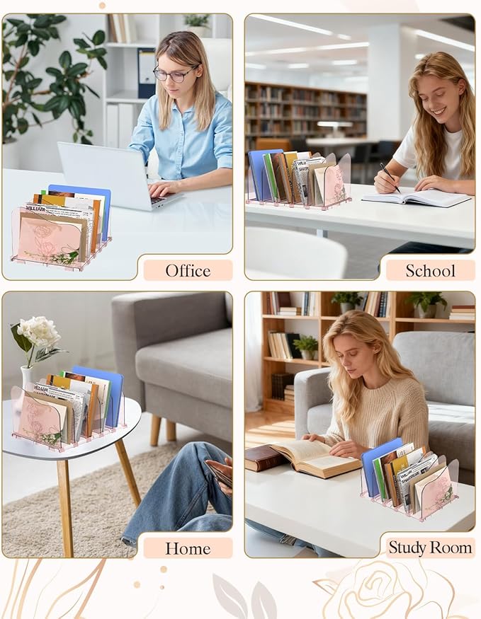 COWVTUJ Adjustable Rose File Organizer for Desk, Vertical File Folder Holders for Magazines, Upright Desktop Binder Organizer, Clear Paper Bookshelf Divider File Sorter for School Office Supplies