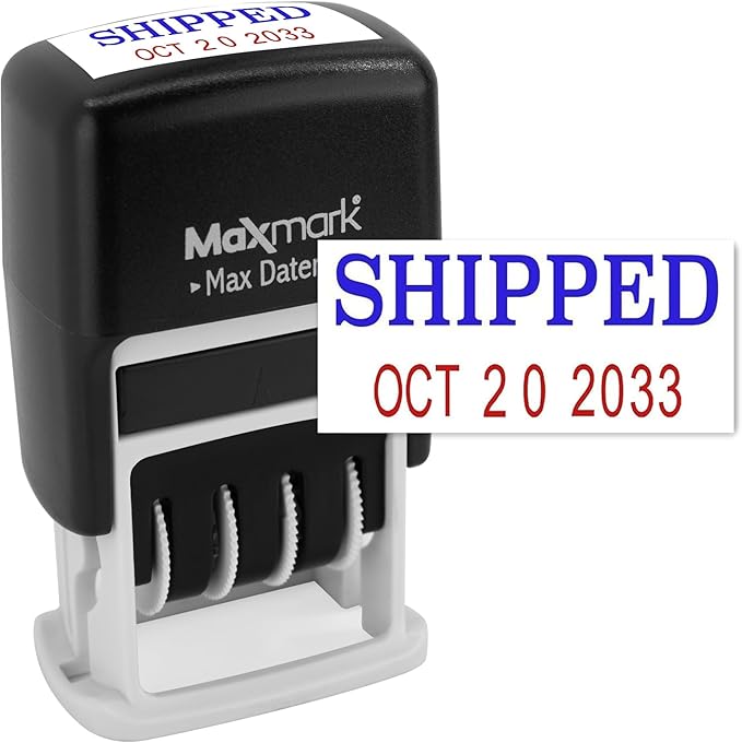 MaxMark Self-Inking Rubber Date Office Stamp with Shipped Phrase Blue Ink & Date RED Ink (Max Dater II), 12-Year Band
