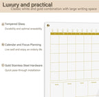 Glass 3-1 Golden Monthly Dry Erase Calendar Whiteboard for Wall,24"x 36",Frameless Mounting,Office/School/Home, Frameless Large Planner White Board