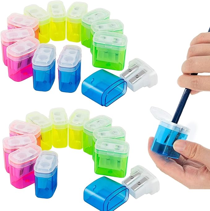 KIDMEN 24 PCS 2 Holes Small Manual Pencil Sharpener with Lid,for Kids,School