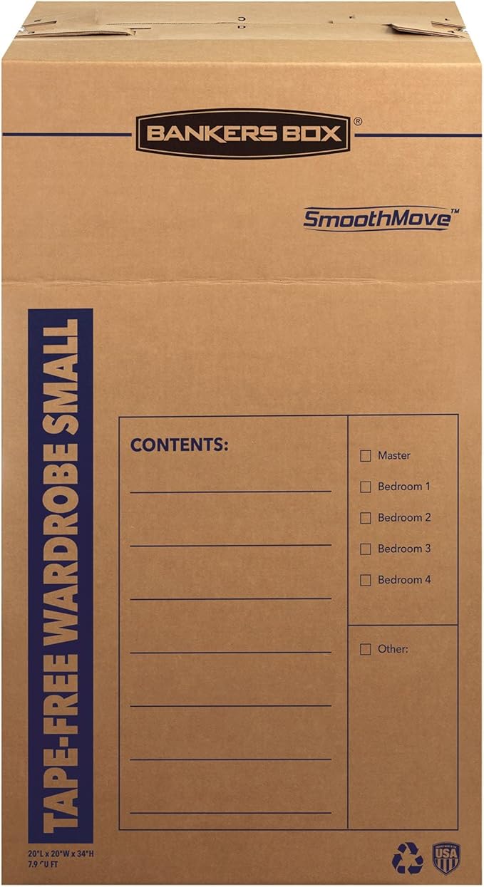 Bankers Box Short Wardrobe Box 3 Pack, Tape-Free Design, 20-in x 20-in x 34-in (7710401)