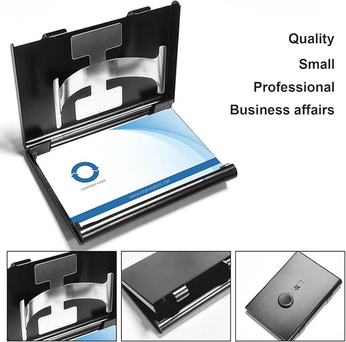 2 Pack Business Card Holder with Dot Cards,Stainless Steel Slide Out Thumb Drive Card Case for Men and Women,Portable Credit ID Name Card Wallet Black and Gray