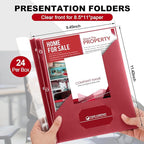 Teling 24 Pcs Clear Front Report Covers with 3 Prongs, Plastic Dark Red Presentation Folders Bulk with 3 Pockets for A4 and Letter Size Paper, 90 Sheet Capacity, Document Covers for School Business