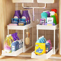 APWNRJA Under Sink Organizers and Storage 2 Pack, Pull-Out Sliding Cabinet Organizer with 2-Tier Storage Shelf & 4 Hooks, Multi-Purpose for Kitchen & Bathroom (13 Inch, White)