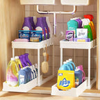 APWNRJA Under Sink Organizers and Storage 2 Pack, Pull-Out Sliding Cabinet Organizer with 2-Tier Storage Shelf & 4 Hooks, Multi-Purpose for Kitchen & Bathroom (13 Inch, White)