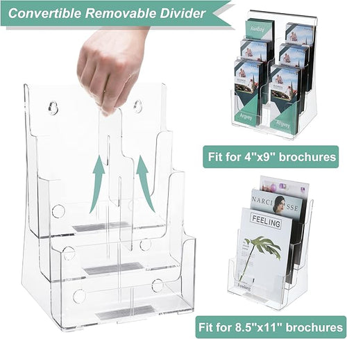 2 Pack Acrylic Brochure Holder 8.5 x 11 inches, 3 Tier Clear Brochure Display Stand with Removable Divider for Trifold 4 Inches Wide Pamphlet, Plastic Flyer Holder for Magazine, Literature, Booklet
