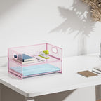 Marbrasse 2 Tier Paper Organizer Letter Tray, Mesh File Organizer with Handle, Paper Sorter Desk Organizer for Home Office Supplies - Pink