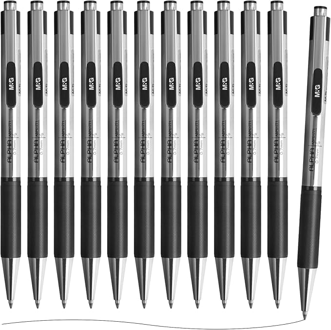 M&G Ballpoint Pens, Black Ink Pens Medium Point 0.7mm, Retractable Ballpoint Pens Bulk Long Lasting Smooth Writing with Anti-Slip Grip for Journaling Office Supplies School Women Men (12 Pack)