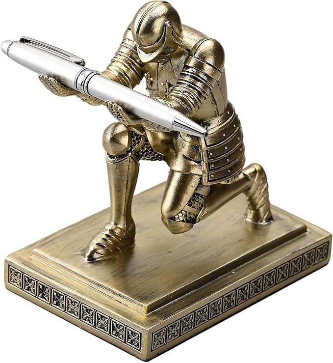 Amoysanli Knight Pen Holder Desk Organizers and Accessories Desk Decor Resin Pen Holder as Gift with a Cool Pen for Office and Home (Copper)