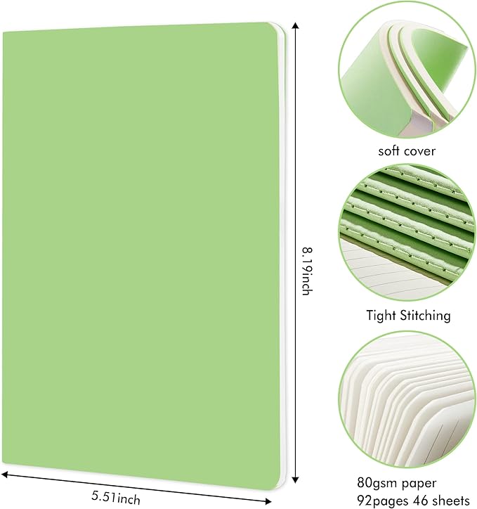 feela 8 Pack Soft Cover Journal Bulk, Notebooks College Ruled for Work, Lined Travel Journal for Women Men, Note Taking Notebook School Supplies Business Writing, 8.2” x 5.5”, A5, Light Green