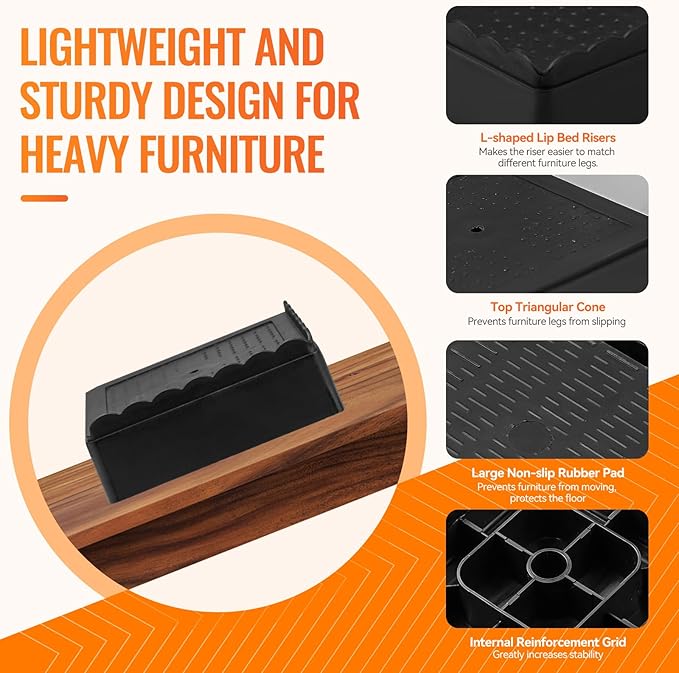 Furniture Risers, 8 Pack Bed Risers with Non-Slip Grip and Heavy Duty Support, 1 Inch 2 Inch 3 Inch 4 Inch Height Lift for Couch, Sofa, Table, Desk, Chair, Refrigerator - Black, 1+1 Inch