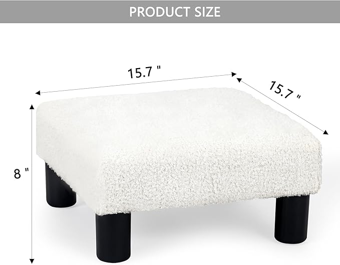 Joveco Small Foot Rest Stool Ottoman, Square Boucle Upholstered Footrest with Plastic Legs, Under Desk Footstool for Chair, Office, Living Room, White