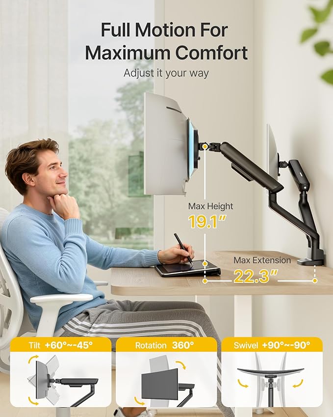 monTEK Dual Monitor Arm, Mechanical Spring Monitor Arm for 17-35" Screens, Adjustable Monitor Desk Mount Each Holds up to 24.2 lbs with C Clamp/Grommet Desk Mount, VESA 75/100mm, MA1011BK-D