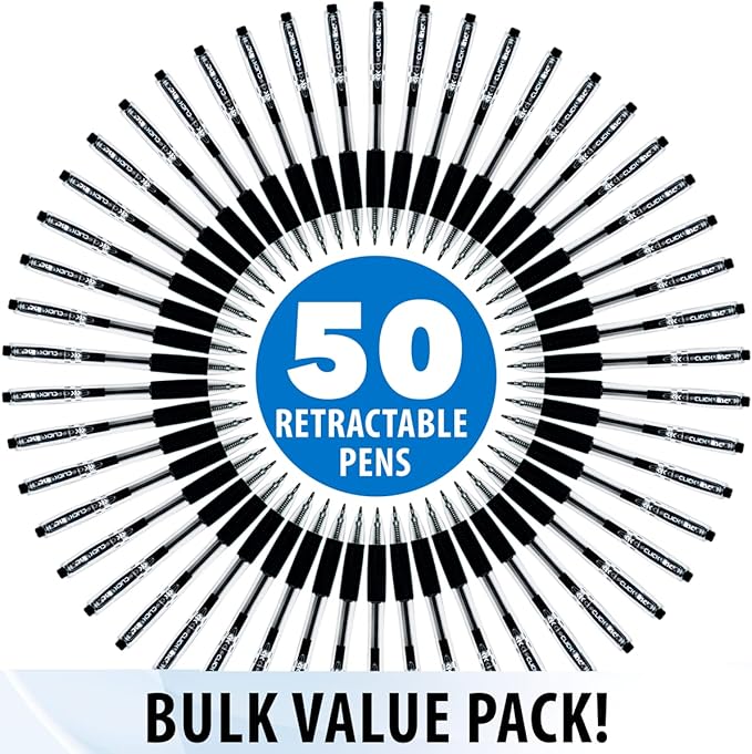 Inc. ClipClicks Retractable Ballpoint Pens - Bulk 1.0-mm Medium-Point Pen Set With Comfort Grip for School, Office, Writing, and Journaling, 50 Count, Black