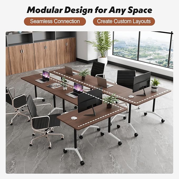 Goakwwuz Conference Room Table, Folding Conference Tables,Thicken Grey Tabletop,Flip Top Wooden Seminar Meeting Room Table for Conference Room Offices (6, Walnut, 55.1”)
