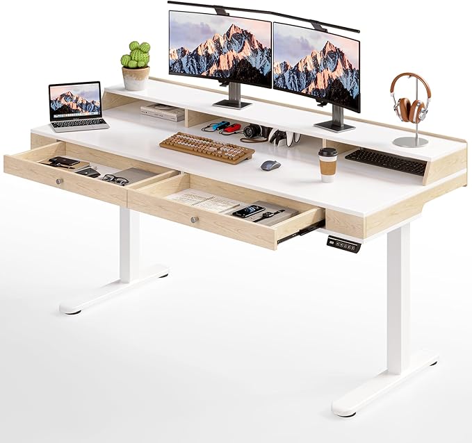 Standing Desk With Drawers, 47x23.6 Inch Electric Stand Up With Storage Shelf and Memory Controller, Adjustable Height 28-46 Inch for Computer Workstation, White