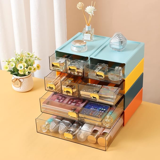 OSteed Spacious Desktop Storage Box, 1 Large 1 Middle & 2 Small Storage Drawers, Stackable Office Desk Drawer Organizer and Accessories, Printer Paper Organizer, Orange Plastic Drawers for Workspace