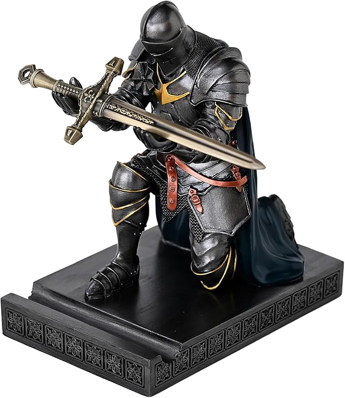Amoysanli Medieval Armored Warrior Wearing Outerwear, Mobile Phone Stand Knight Pen Holder Desk Organizers, Resin Bookends Paperweight with a Letter Opener for Desk (Iron&Green)