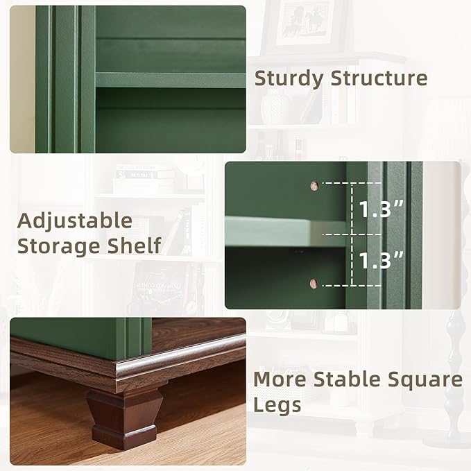 70" Tall Green Bookshelf,5 Tier Wooden Book Shelf with Adjustable Shelves & Wood Legs,Free Standing Farmhouse Bookcase with Open Display Storage,Vintage Bookshelves for Library, 3PCS