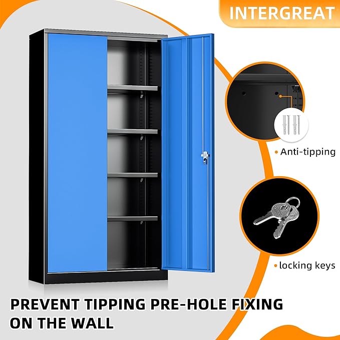 INTERGREAT Storage Cabinet,72”H Garage Steel Locking Cabinets with Doors and 4 Adjustable Shelves, Tall Lockable File Tool Cabinet for Home Office, Metal Classroom Cabinets Basement, Black-Blue