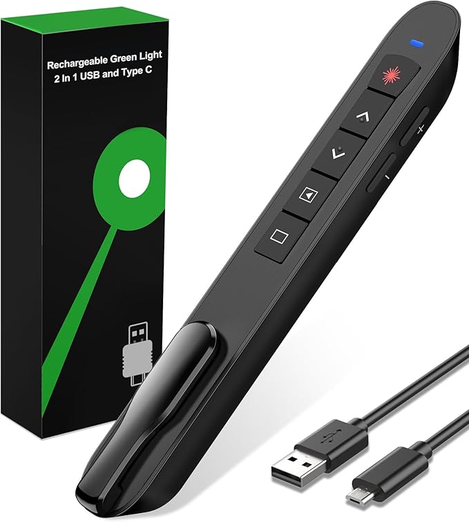 Presentation Clicker Green Laser Pointer, Rechargeable PowerPoint Clicker Wireless Presenter Remote, RF 2.4GHz USB Presentation Pointer Slide Advancer with Hyperlink Volume Control for Mac Computer