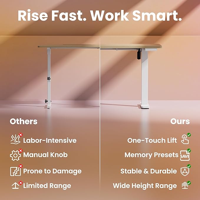 HUANUO Electric Standing Desk, 55 x 24 Inch Height Adjustable Computer Desk with Storage Bag, 4 Height Memory Settings, Sit Stand Up Desk for Home Office, Light Walnut