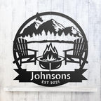 RealSteel Personalized Mountain Campfire Monogram Metal Sign – Custom Family Name Rustic Wall Art for Cabin, Campground, RV & Backyard Fire Pit – Outdoor Camping Décor – Unique Personalized Gift – USA