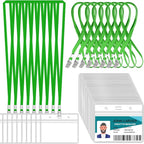 100 Pcs Clear Horizontal Badge ID Card and 100 Pcs Lanyard, Reusable Lanyards for Id Badge Holder Name Tag Badge Holder with Lanyards for Adults Kids Business School Conferences (Green)
