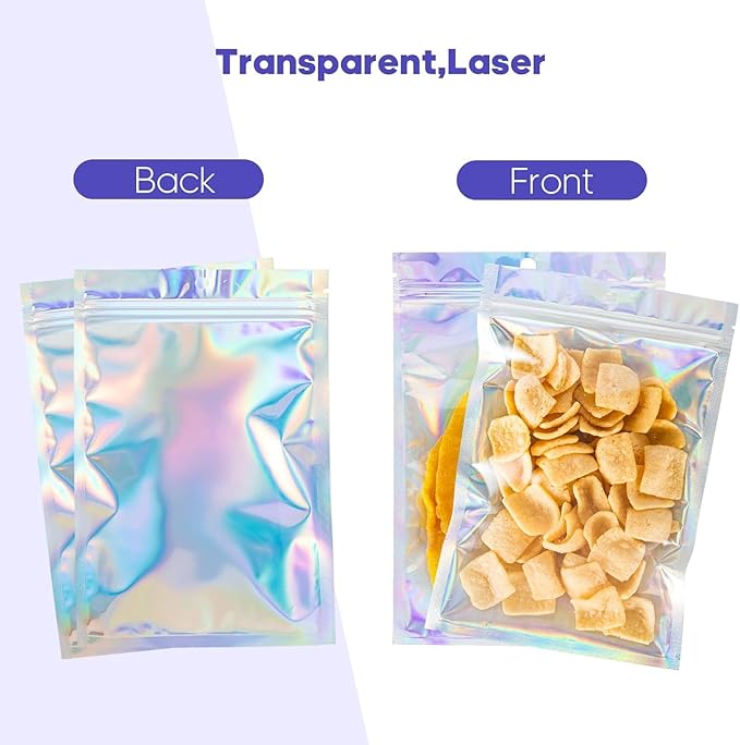 100Pcs Holographic Packaging Bags, 5.9x8.6 inch Resealable Foil Pouch Mylar Sample Bag Great for Small Business and Party