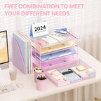 OPNICE Desk Organizer, 4-Tier Desktop File Organizer with Drawer and 2 Pen Holders, Office Desk Accessories, File Sorters, Workspace Organizers for Office Supplies(Pink)