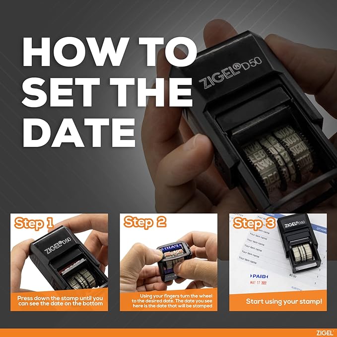 ZIGEL D50 Date Stamp with Received - Self Inking Date Stamp - Black