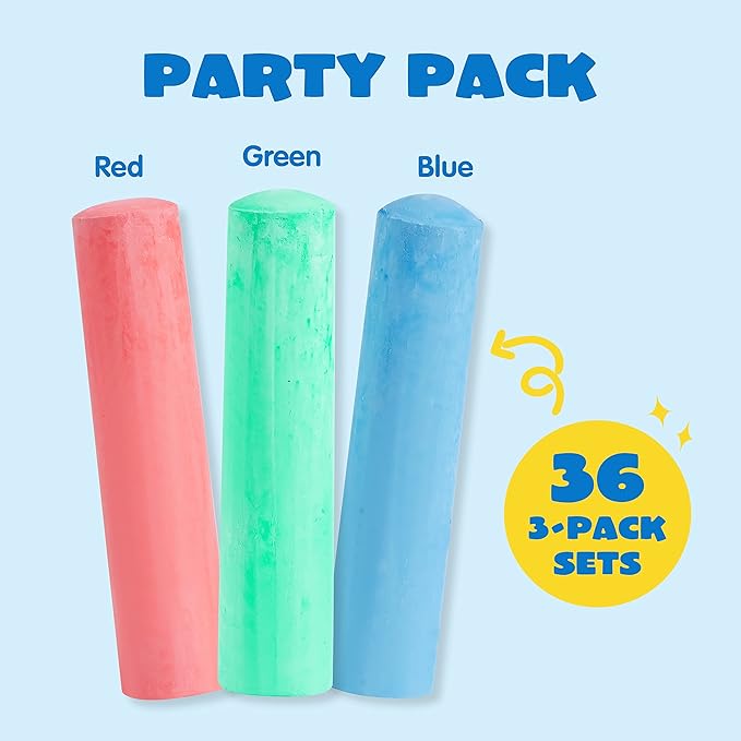 JOYIN 108 PCS Sidewalk Chalk Set in 36 Count, 3 Assorted Colors, Non-Toxic Jumbo Washable Driveway Chalk for Outdoor Art Play, Great Gift Toys for Kids, Classroom