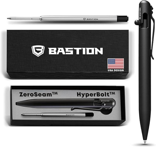 BASTION® Luxury Bolt Action Pen, Durable Professional Ballpoint Pen with Fine Tip, EDC Pen Ink Refillable Pen - Black Stainless Steel