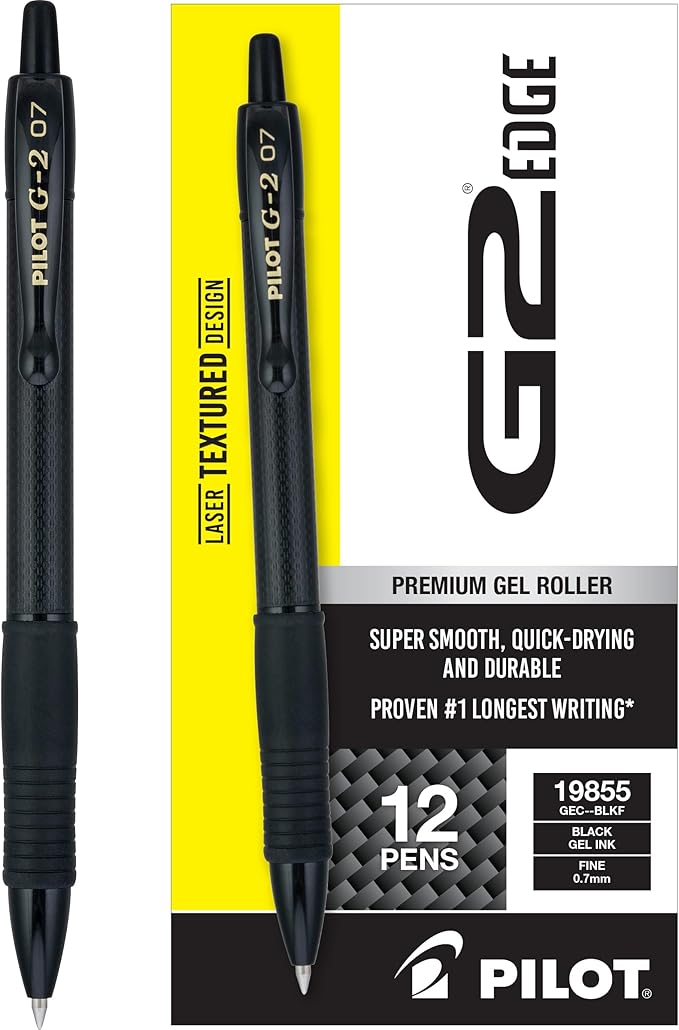 Pilot, G2 Edge Premium Gel Roller Pens, Fine Point 0.7 mm, Gel Pens Black Ink, Pack of 12 - Ideal for School, Journaling & Office Writing