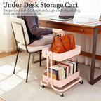 LIWNYRK 2 Tier Rolling Cart with Wheels for Under Desk Storage, Pink Small Rolling Pantry Storage Cart for Small Space, Metal Short Utility Shelf for Vanity Kitchen Bathrrom Laundry Organization
