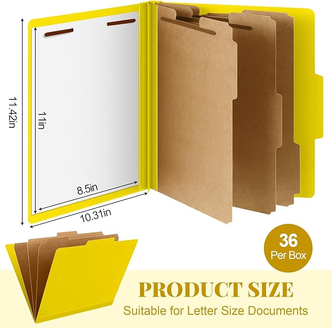Skyygemm 36 Pcs Classification Folders Letter Size, 3 Divider Pressboard File Folder with Fasteners, Expanding File Organizer Bulk for School Teachers, Office Employee, Coworker, Staff (Yellow)