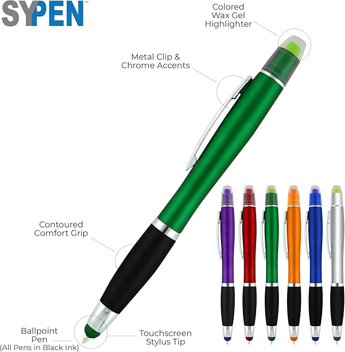 Personalized Pens with Gel Highlighter and Stylus -200 Pack Bulk-Free Imprint - 3 In Bible Highlighter No Bleed, Ballpoint Pen, and Stylus Combo- add Custom Name, Logo or Gift Message- Blue