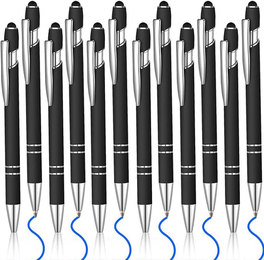 12 Pcs Blue Ink Ballpoint Pen with Stylus Tip, 1.0 mm Metal Pen Stylus Pen for Touch Screens, 2 in 1 Thank You Pen Gift for Friends, Colleagues, Coworker, Office, Family (Black)