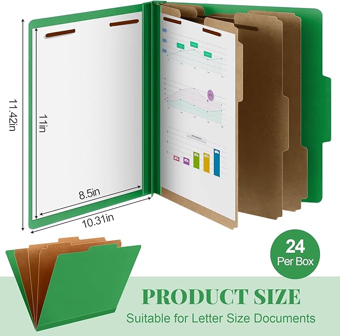 Skyygemm 24 Pcs Classification Folders Letter Size, 3 Divider Pressboard File Folder with Fasteners, Expanding File Organizer Bulk for School Teachers, Office Employee, Coworker, Staff (Green)