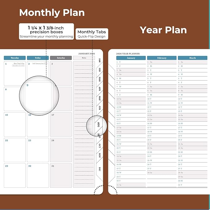 IN-LUXPRO Planner 2026 Daily Weekly and Monthly,8.5"x6.5",12 Months Spiral Bound Calendar Agenda with Self-adhesive Pen Holder,2026 Appointment Book with Vegan Leather Soft Cover,Brown