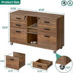 Lateral File Cabinet with Lock, Large Mobile Storage Filing Cabinet with 6 Drawers Fits Files Letter/A4 Size, Rolling Printer Stand with Open Storage Adjustable Shelf for Home Office, Brown